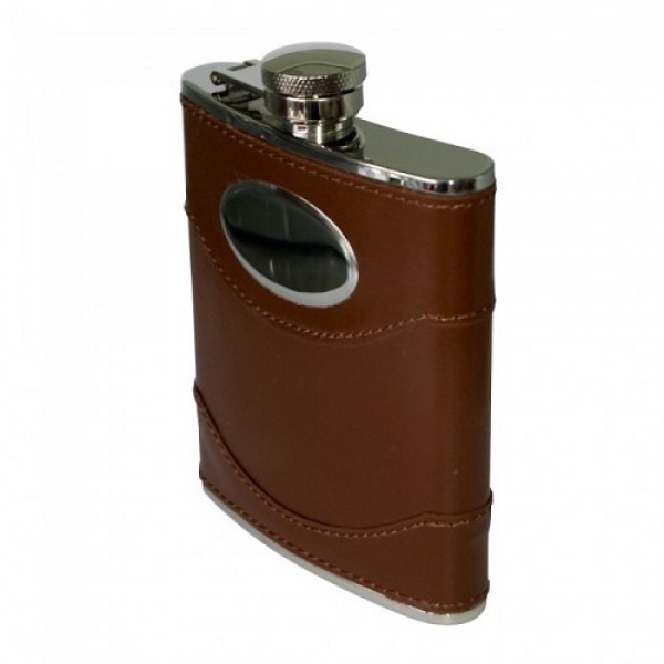 Brown Leather Stainless Steel 6oz Hip Flask with Engraving Plate